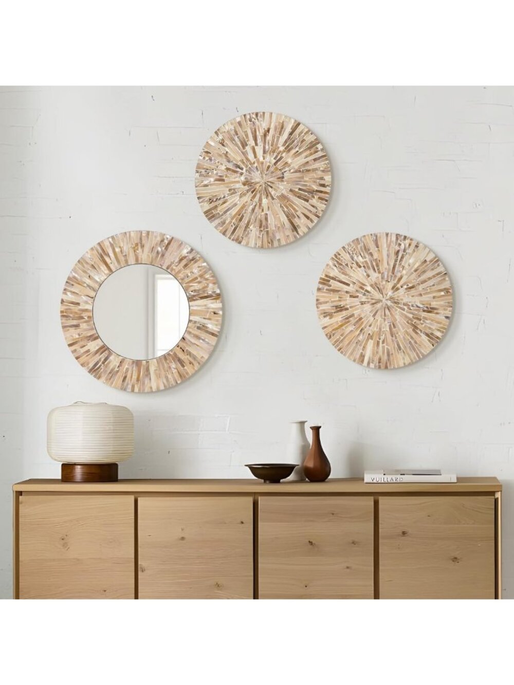 Boho Chic Mother of Pearl Wall Mirror - Decorative Accent for Living Room, Brown